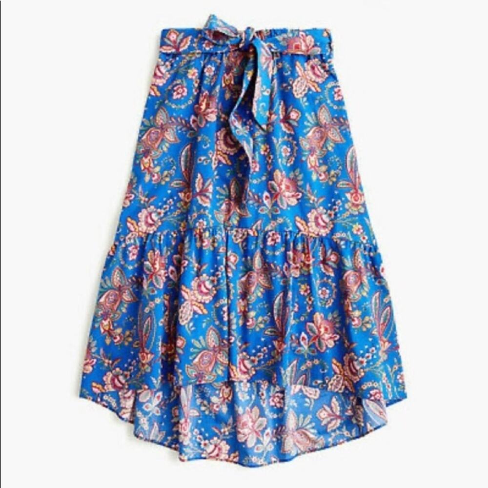 J Crew Liberty Floral/Paisley Blue Belted High-Low Ruffle Midi Skirt
